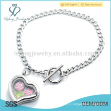 Simple design plain silver heart chain bracelet,316l custom open locket bracelet